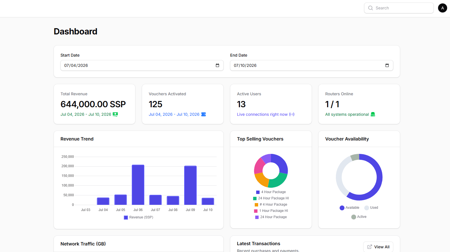The platform dashboard showing active sessions, wallet balance, and today's earnings in SSP